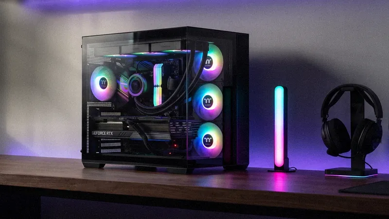 PC Gaming GeForce RTX Syspack con case panoramico e ventole RGB in una stanza da gamer
