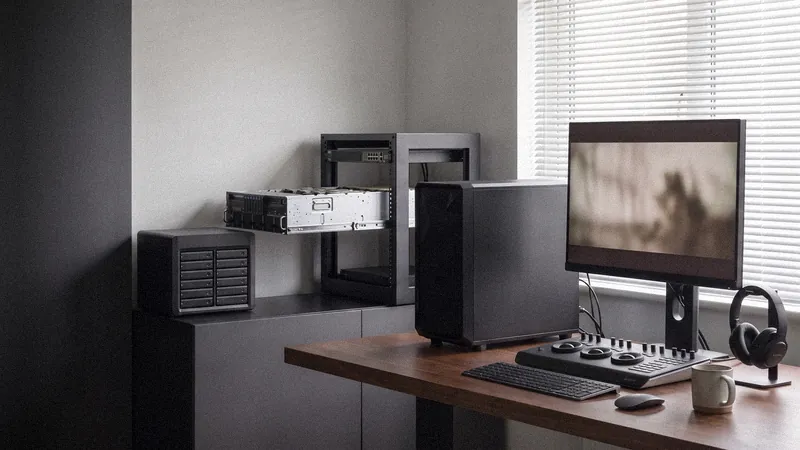 Studio di post-produzione con workstation, server GPU nel rack e NAS tower: le tre soluzioni Syspack in una postazione reale