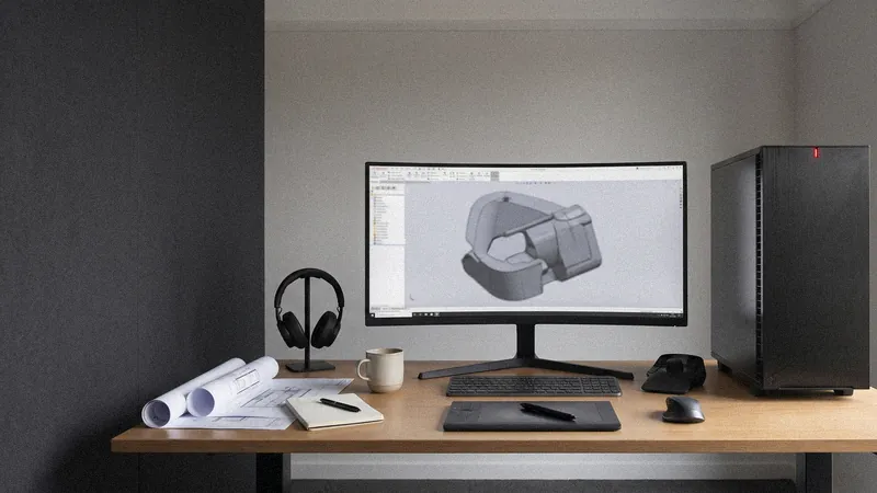 Postazione di lavoro con workstation Syspack, monitor ultrawide e render 3D