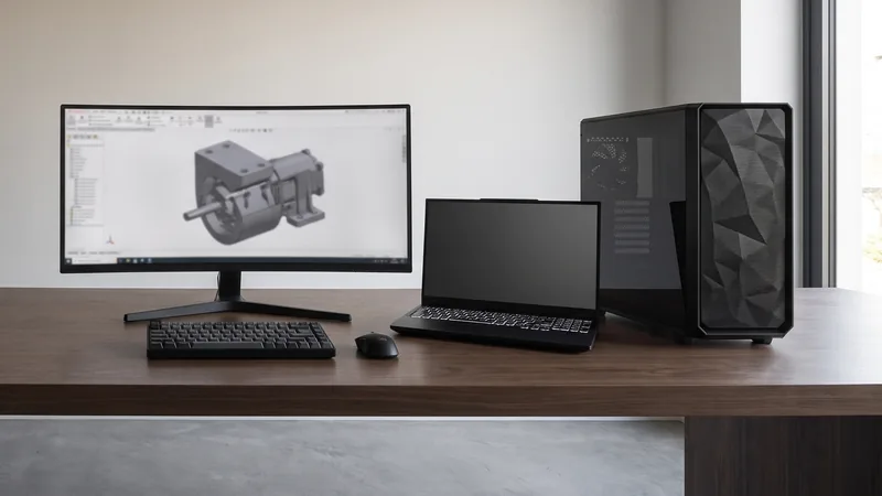 Postazione di progettazione con workstation, monitor e notebook Syspack su una scrivania in noce
