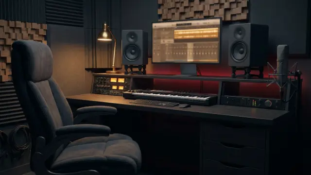 Control room con monitor da studio e trattamento acustico