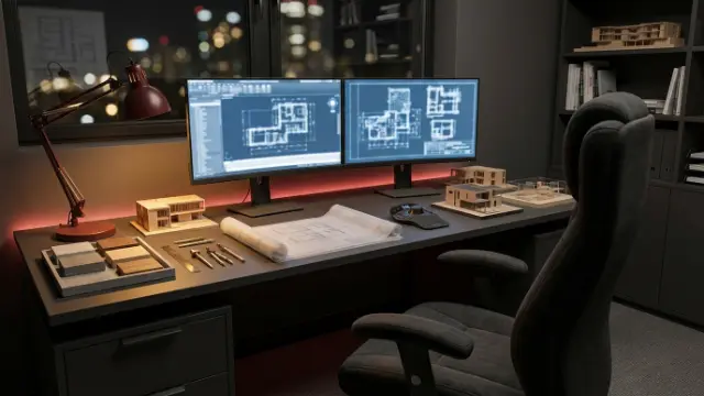 Postazione CAD con doppio monitor e modelli architettonici