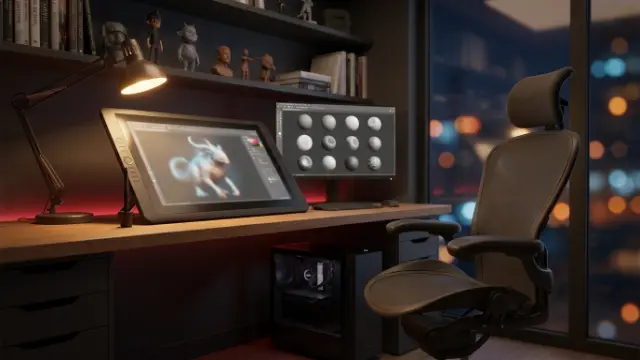 Studio di grafica 3D con tavoletta e riferimenti di modellazione