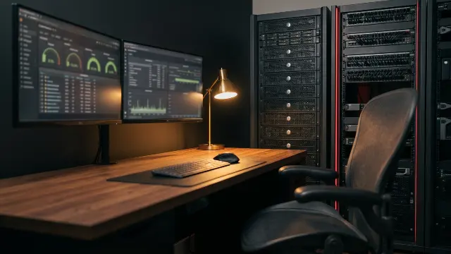 Sala macchine con rack server e postazione di monitoraggio