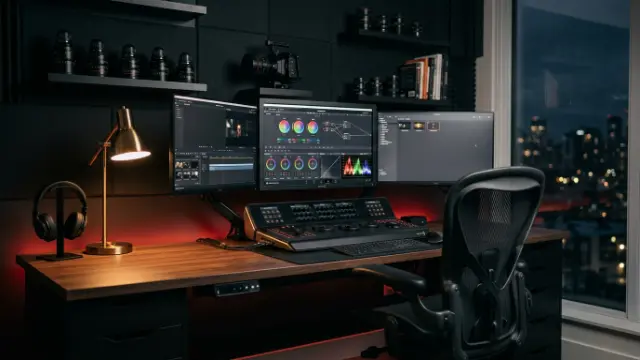 Suite di color grading con tre monitor e superficie di controllo